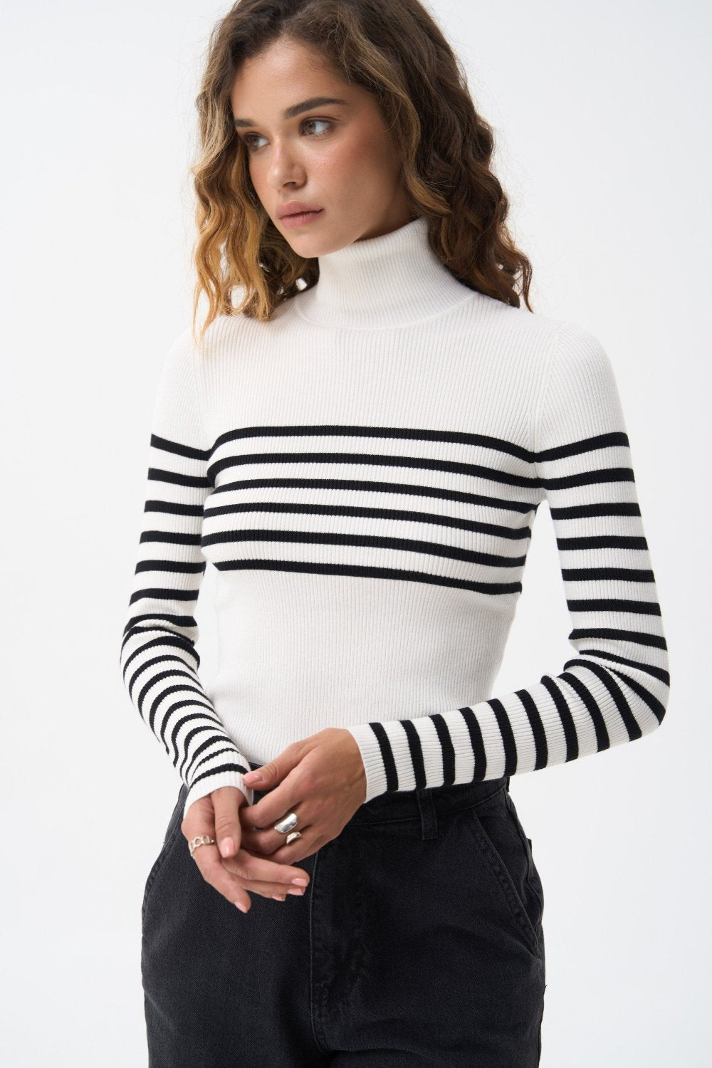 Milk turtleneck sweater with a black stripe - SOLMAR