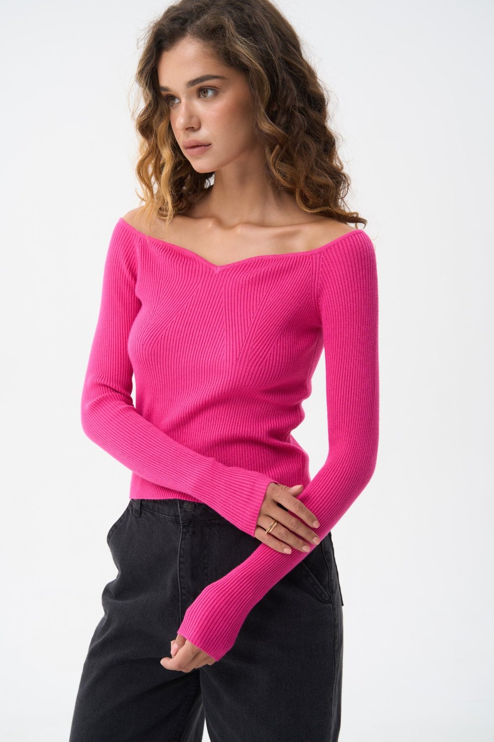 Magenta Pink Sweater with Curved Neckline