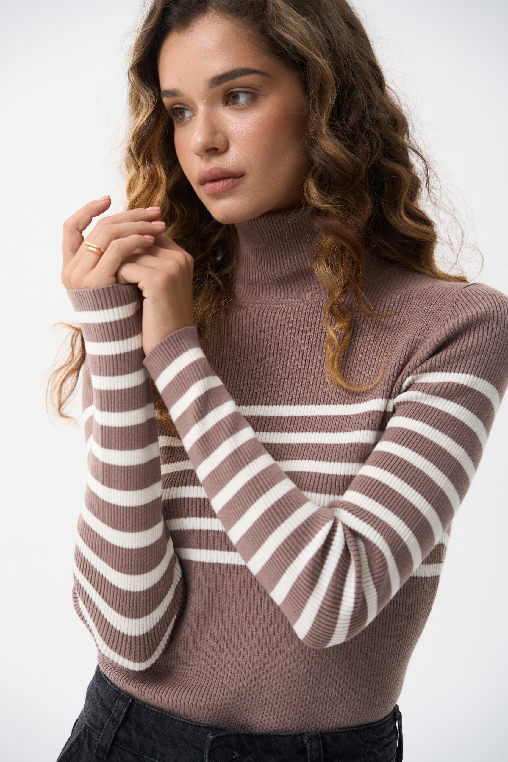 Beige turtleneck sweater with a milky stripe - SOLMAR