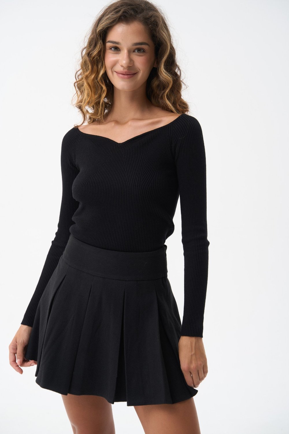 Black Beauty Sweater with Curved Neckline