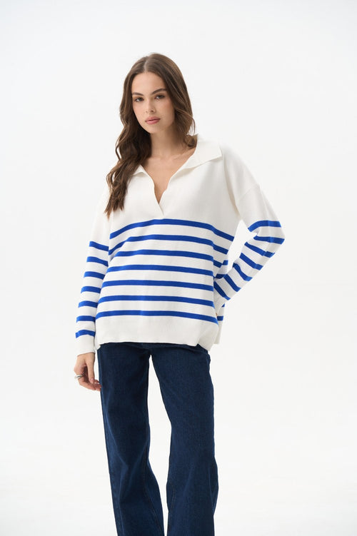 Striped polo sweater in color electric blue