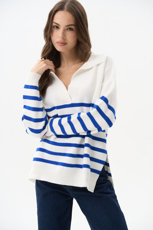 Striped polo sweater in color electric blue