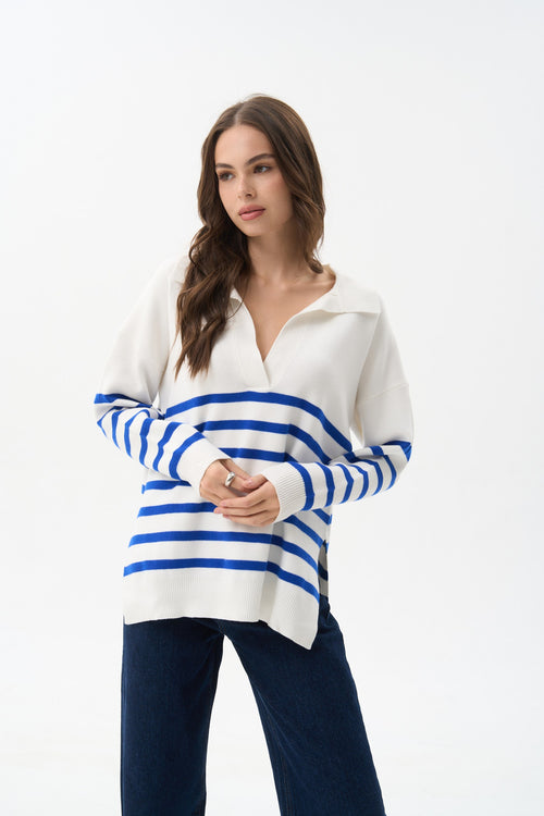 Striped polo sweater in color electric blue