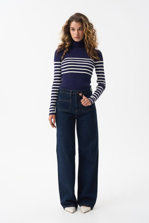 Blue turtleneck sweater with a milky stripe - SOLMAR