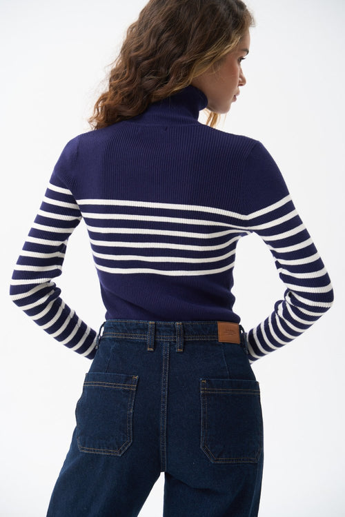 Blue turtleneck sweater with a milky stripe - SOLMAR