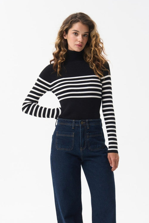 Black turtleneck sweater with a milky stripe - SOLMAR