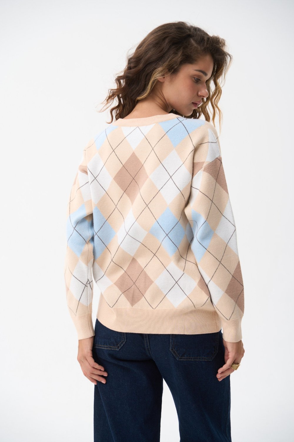 White Diamond Pattern Knit Sweater - SOLMAR