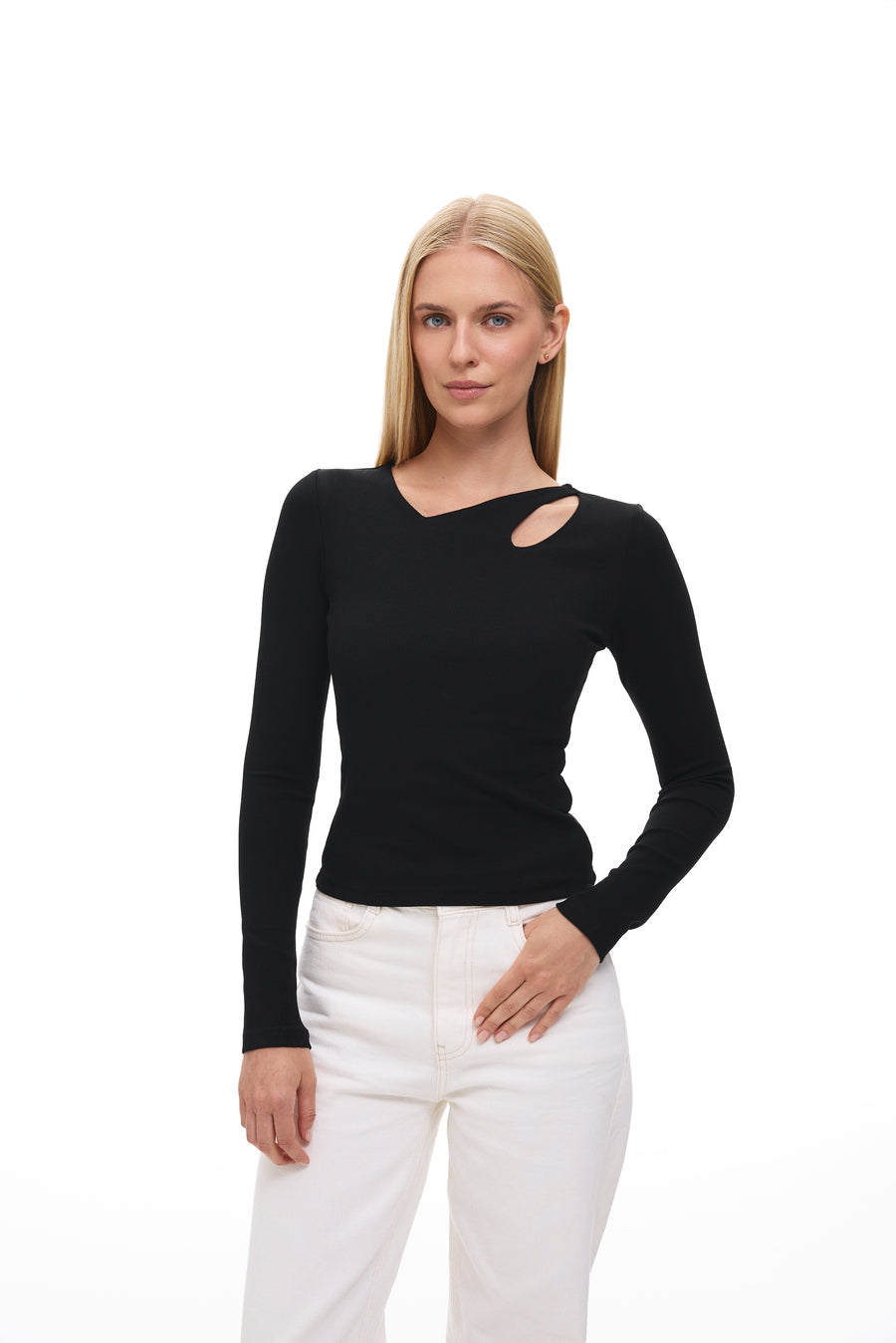 Black Asymmetric Neckline Long Sleeve Top