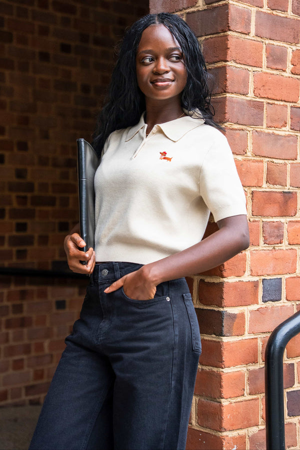 Embroidered Polo Sweater, Oat