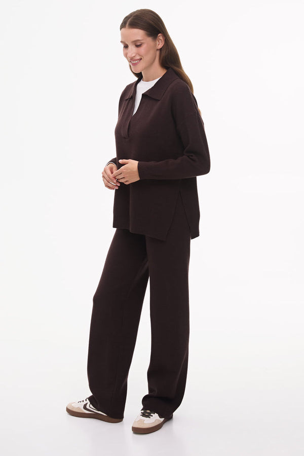 Two piece brown suit with Relaxed Fit Polo Sweater and Palazzo Pants
