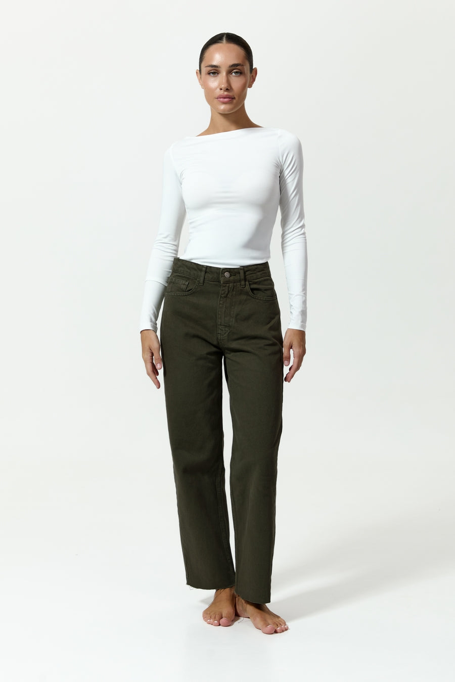 Raw-hem straight jeans, Olive Green