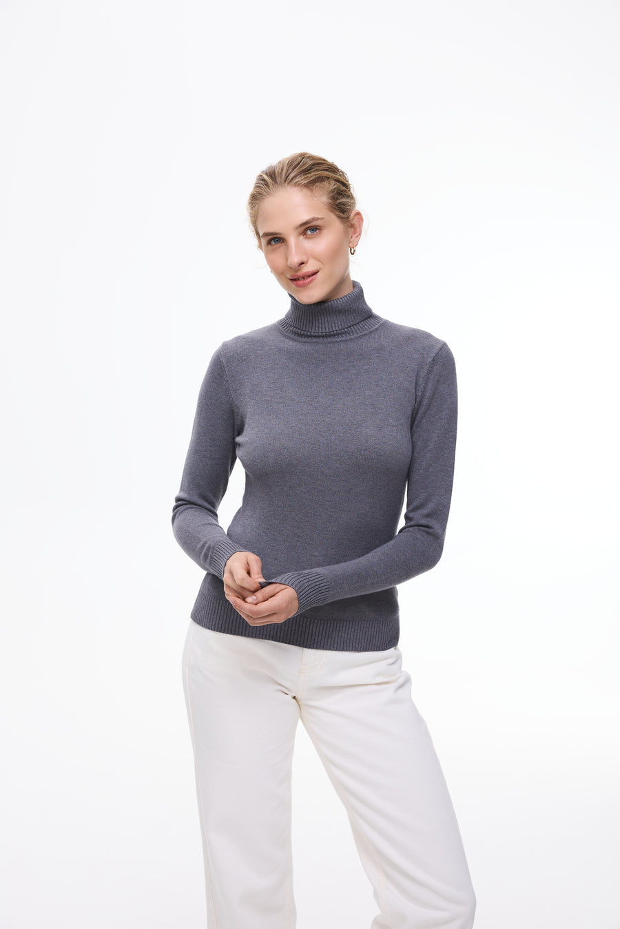 Grey Basic Knit Turtleneck Sweater
