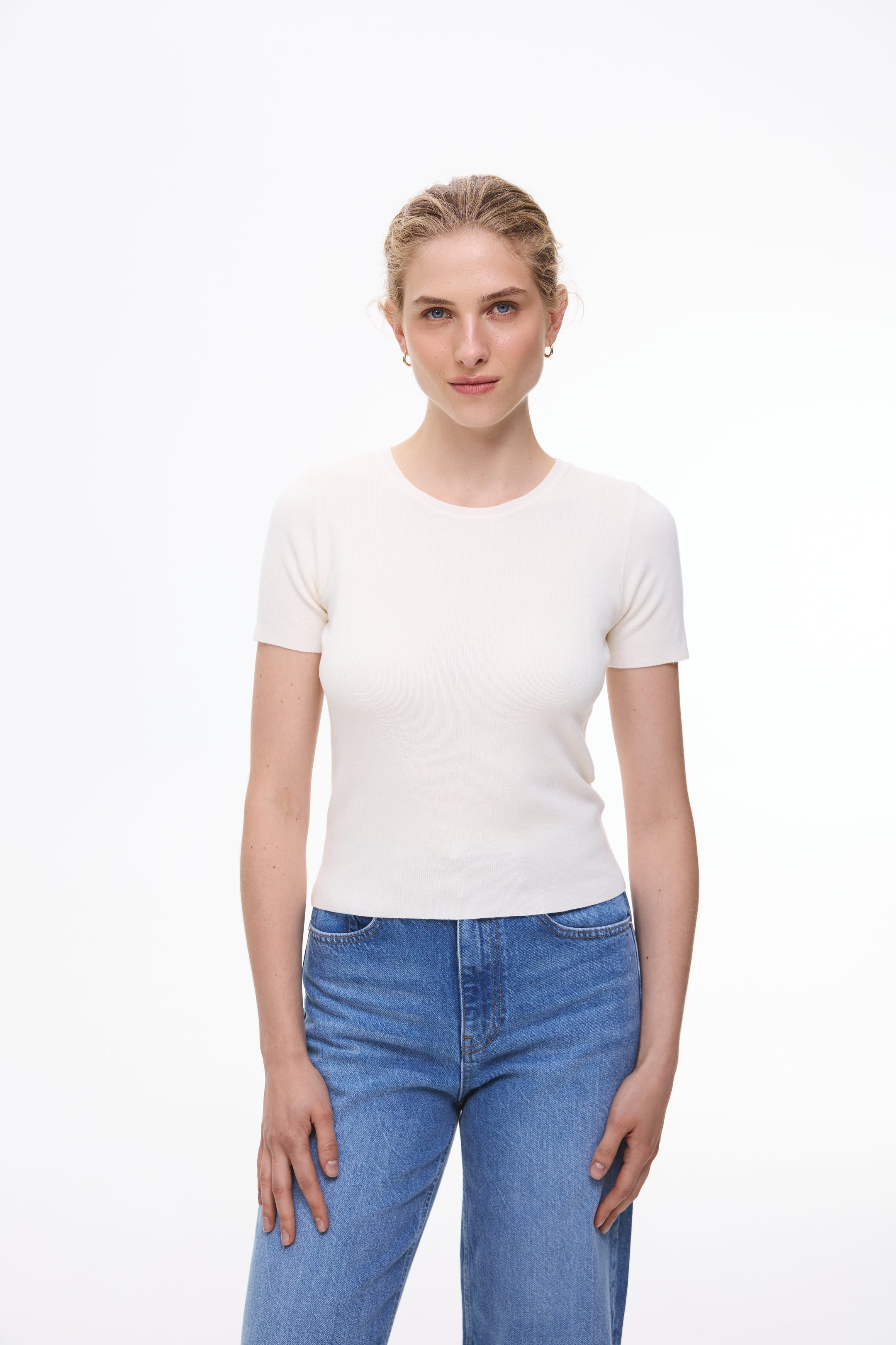 Cream  Knit Short Sleeve T-shirt