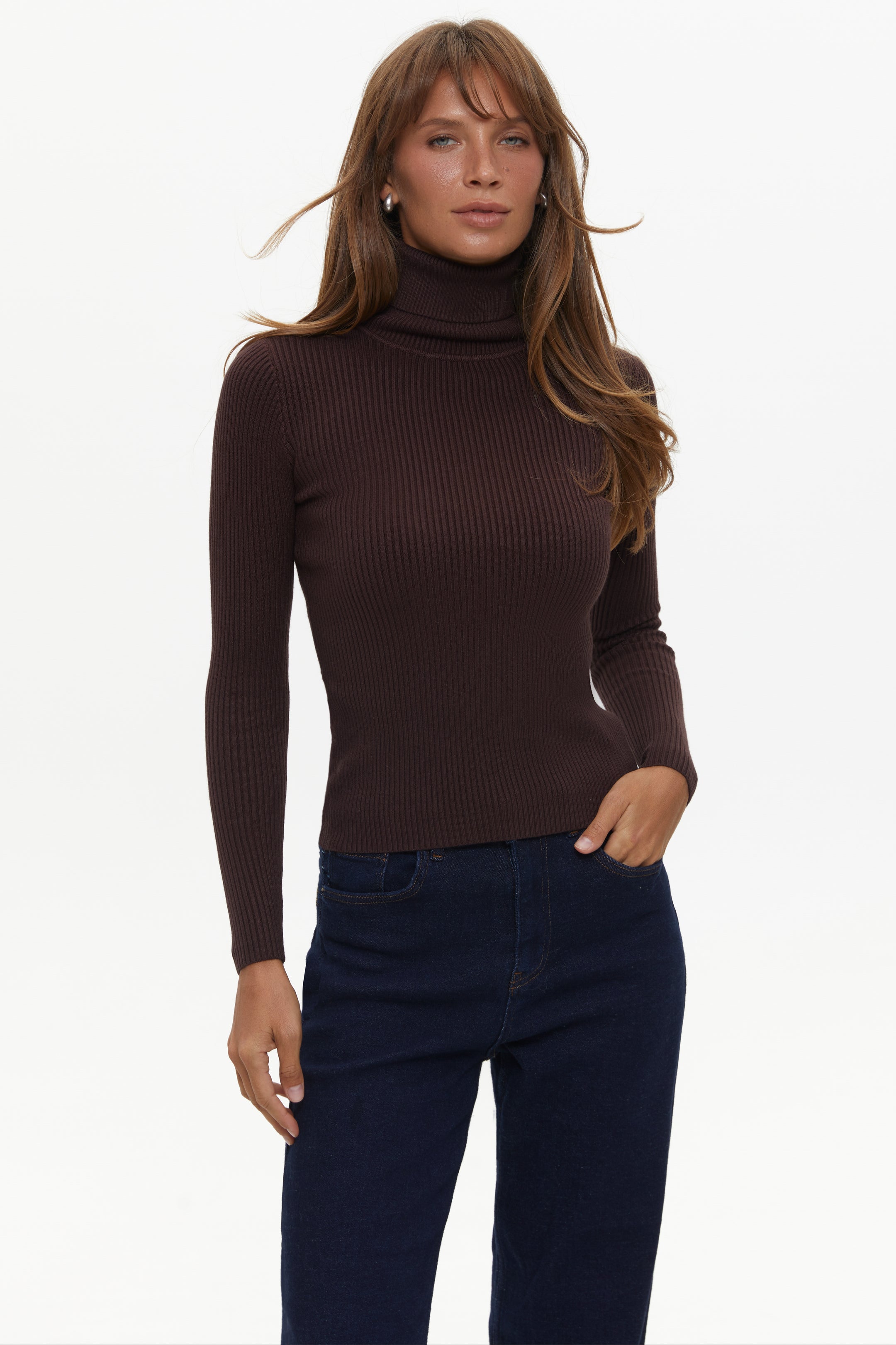 Ribbed turtleneck sweater in color brown