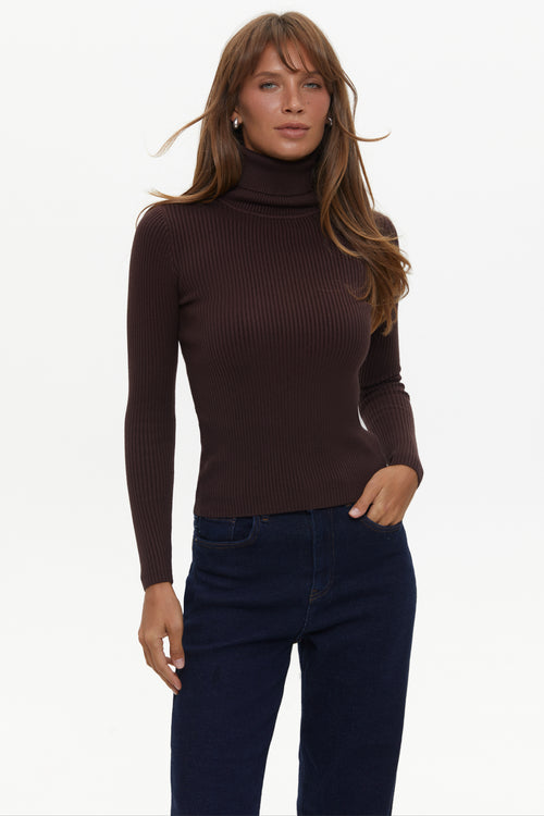 Ribbed turtleneck sweater in color brown