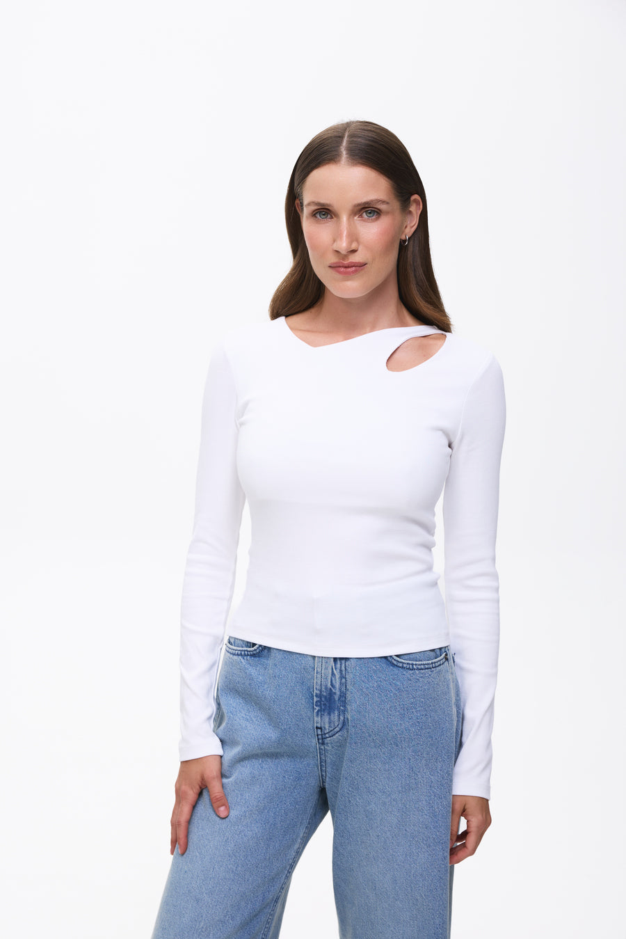 White Assymmetric Neckline Long Sleeve Top