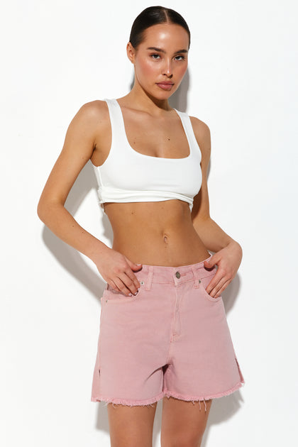 Side-slit denim shorts, Baby Pink