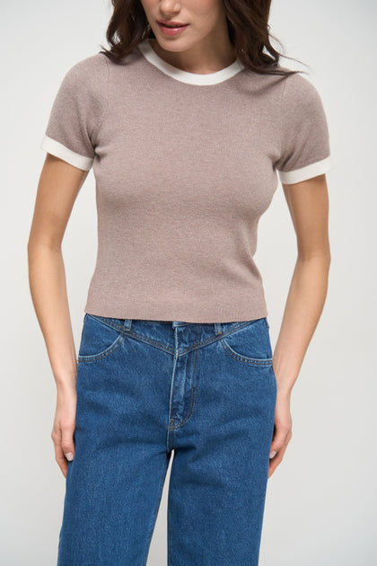 Beige Contrast Trim Knit T-Shirt - SOLMAR
