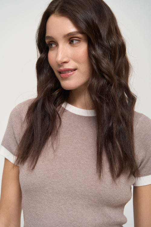 Beige Contrast Trim Knit T-Shirt - SOLMAR