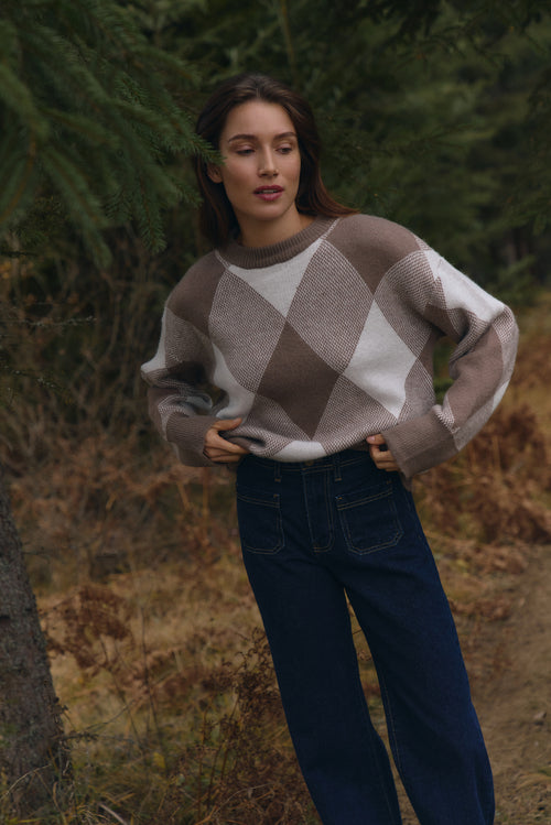 Beige Diamond Pattern Knit Sweater - SOLMAR