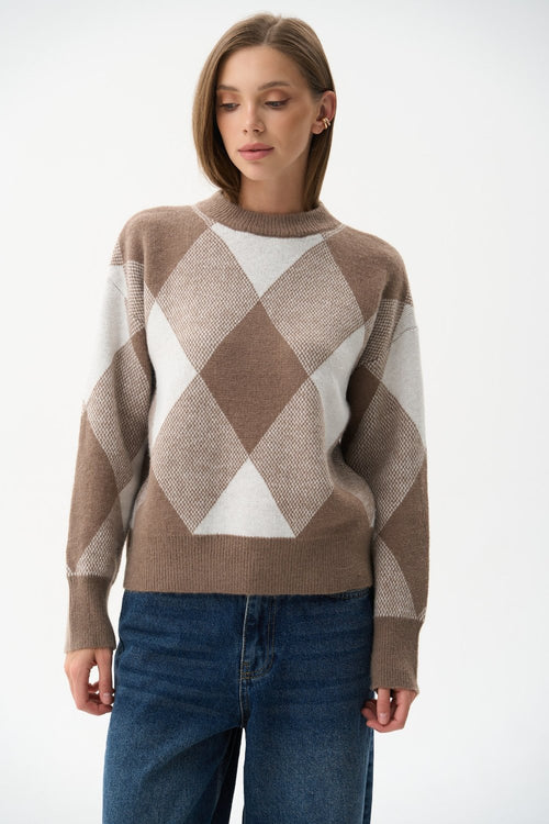 Beige Diamond Pattern Knit Sweater - SOLMAR