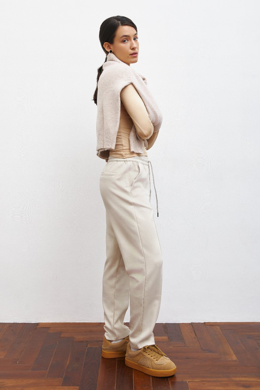 Beige High Waist Cropped Pants - SOLMAR