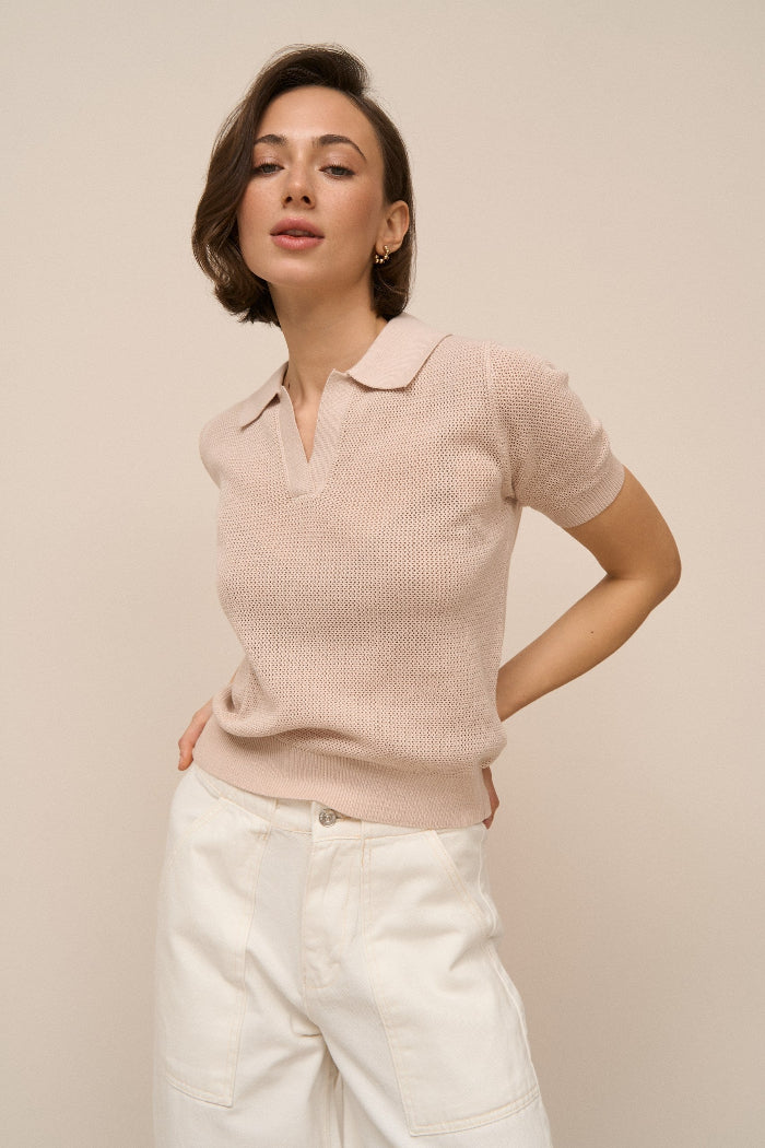 Beige Knit Polo T-shirt