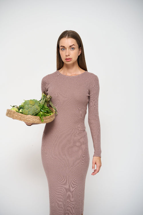 Beige Long Sleeve Ribbed Knit Dress - SOLMAR