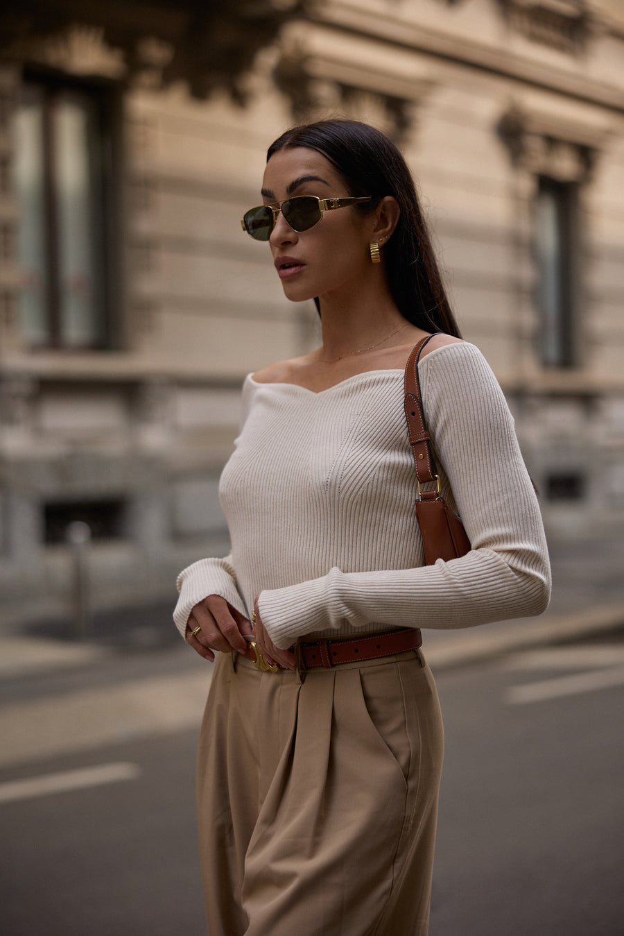 Beige Sweetheart Neckline Ribbed knit Sweater