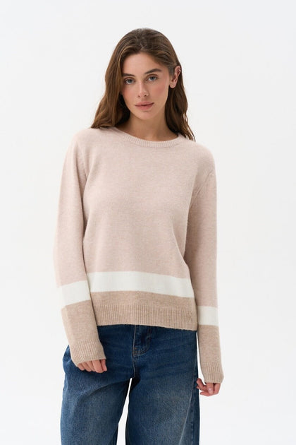 Beige Color Block Knit Sweater - SOLMAR