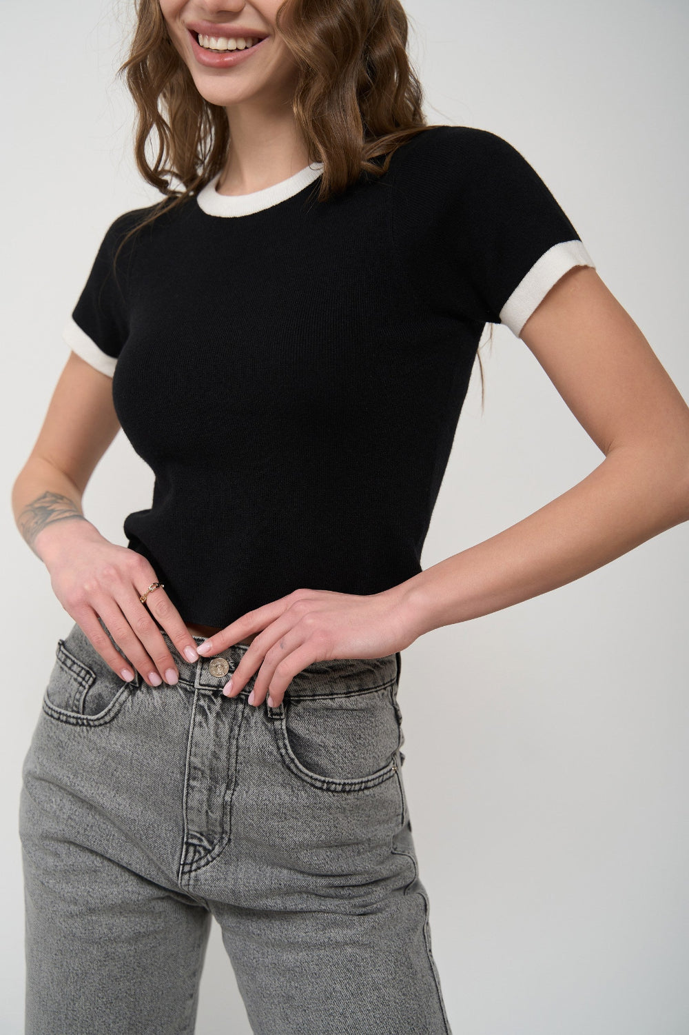 Black Contrast Trim Knit T-Shirt