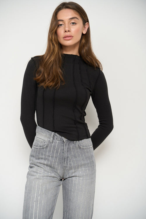 Black Long Sleeve Top with Reversed Seams - SOLMAR