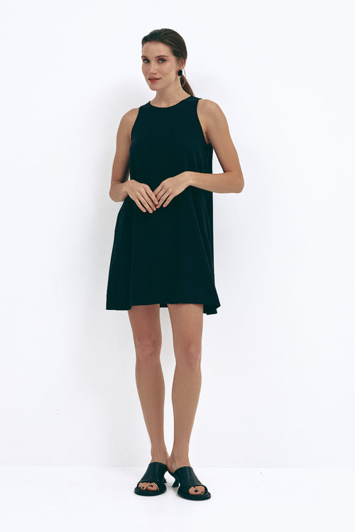 Black Loose-fit Mini Dress with Pockets - SOLMAR