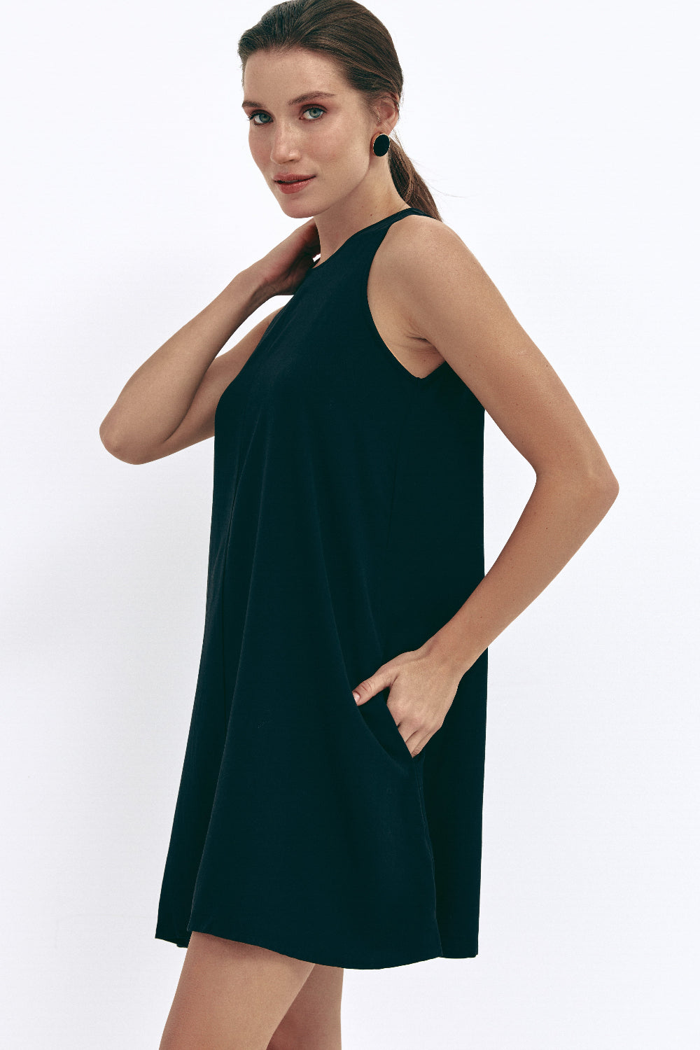 Black Loose-fit Mini Dress with Pockets
