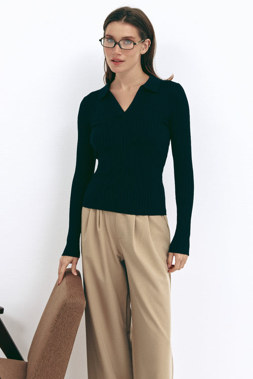 Black Polo Collar Long Sleeve - SOLMAR