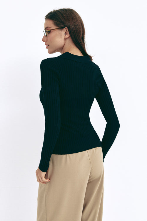 Black Polo Collar Long Sleeve - SOLMAR