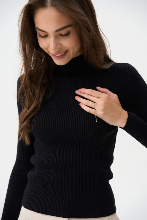 Black Rib Knit Turtleneck Sweater - SOLMAR