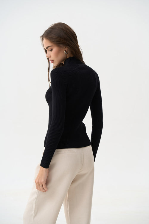 Black Rib Knit Turtleneck Sweater - SOLMAR