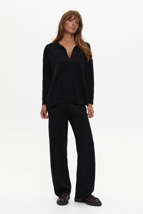 Two piece black suit with Relaxed Fit Polo Sweater and Palazzo Pants