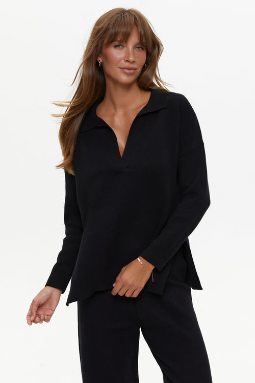Two piece black suit with Relaxed Fit Polo Sweater and Palazzo Pants