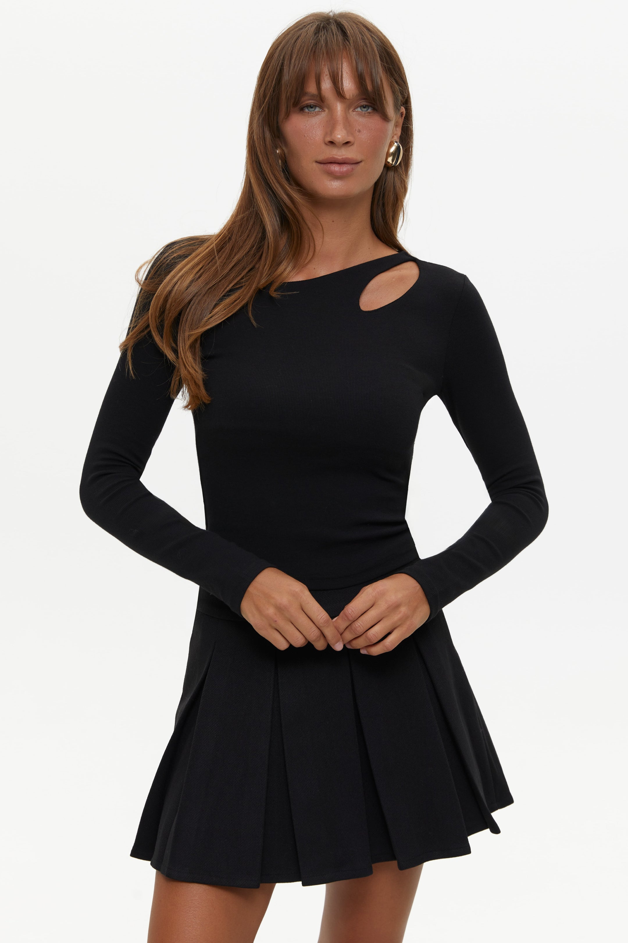 Black Asymmetric Neckline Long Sleeve Top