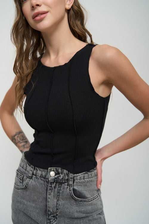 Black Tank Top with Decorative Seams - SOLMAR