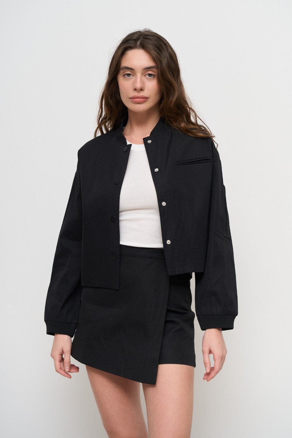 Black Cropped Bomber Jacket with Pockets