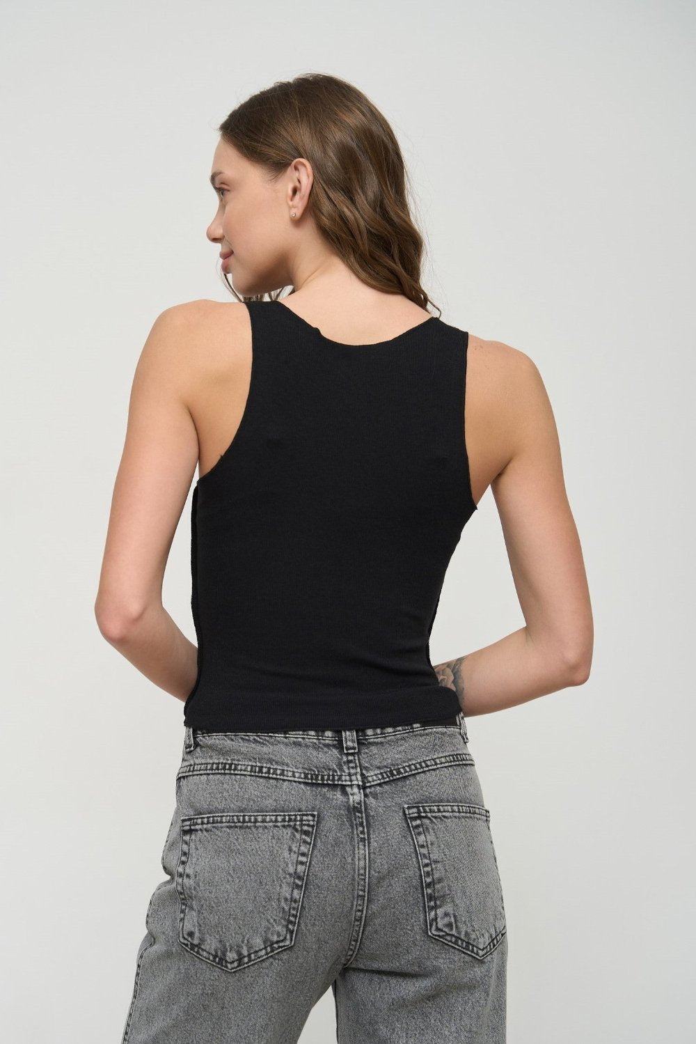 Black Tank Top with Decorative Seams - SOLMAR