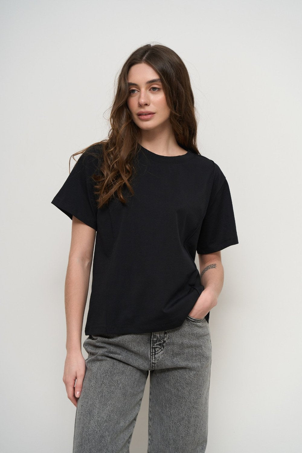 Black T-Shirt with Decorative Seams