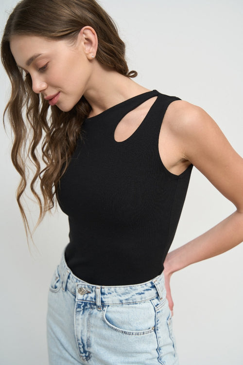 Black Tank Top with Asymmetric Neck - SOLMAR