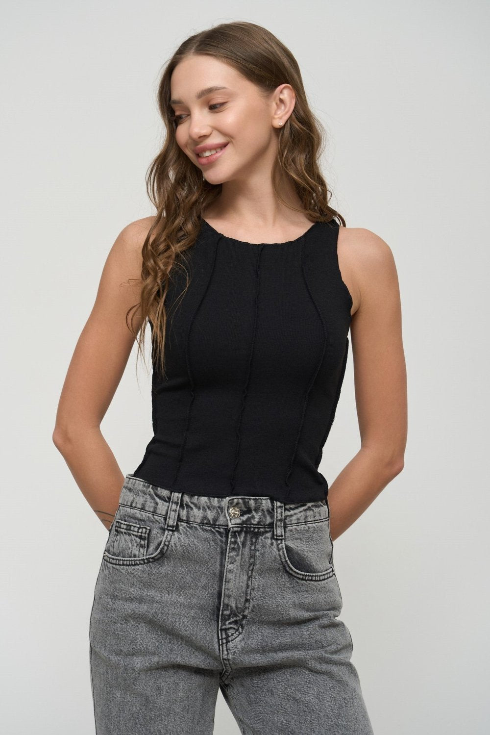 Black Tank Top with Decorative Seams