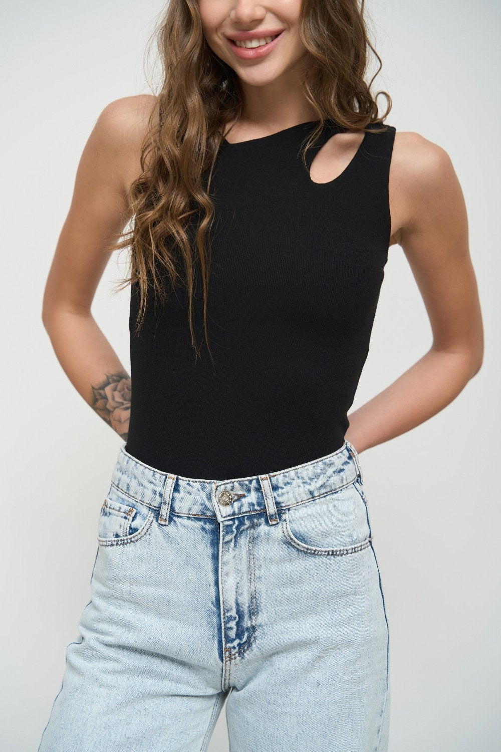 Black Tank Top with Asymmetric Neck - SOLMAR