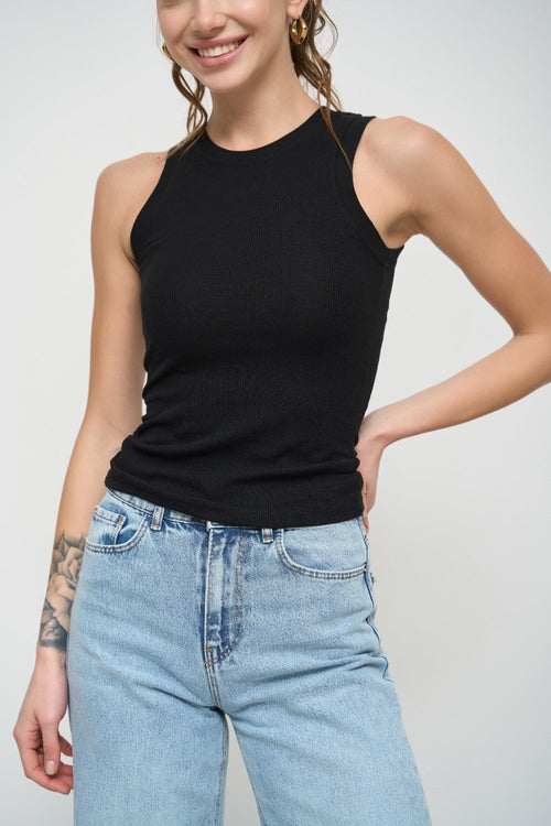 Black Fine Ribbed Tank Top - SOLMAR