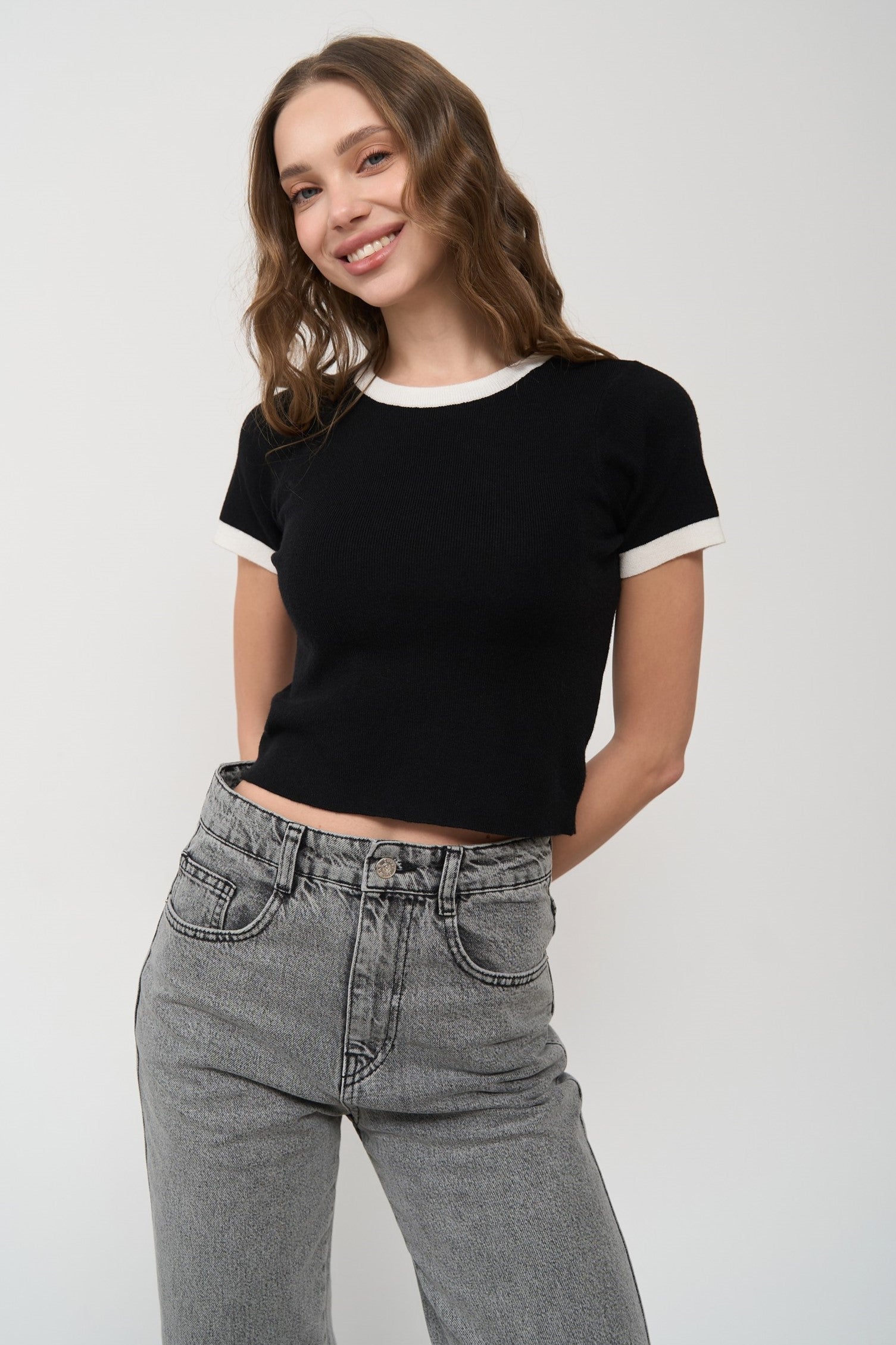 Black Contrast Trim Knit T-Shirt